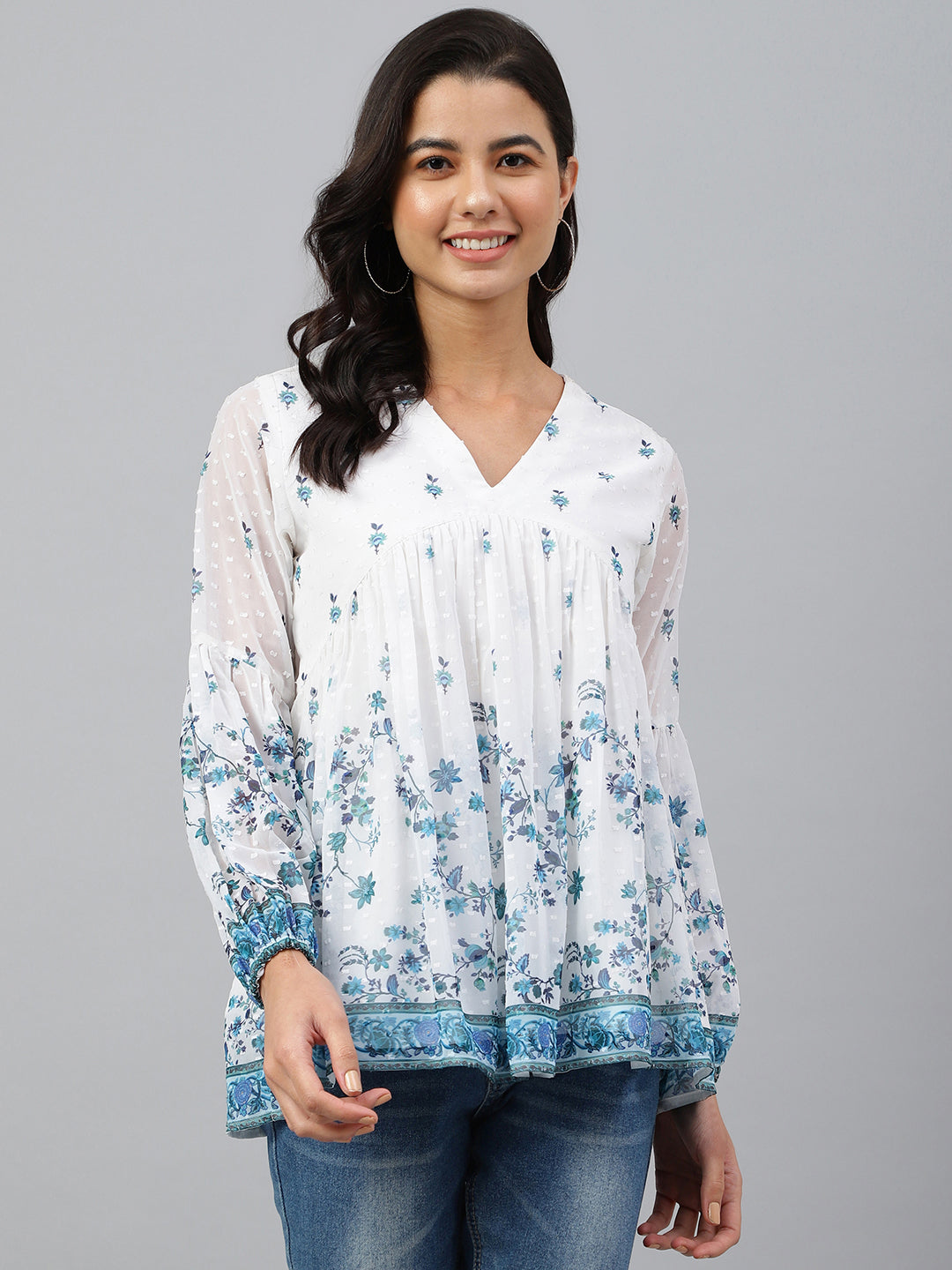 Janasya Women's White Georgette Digital Print Flared Top - Distacart