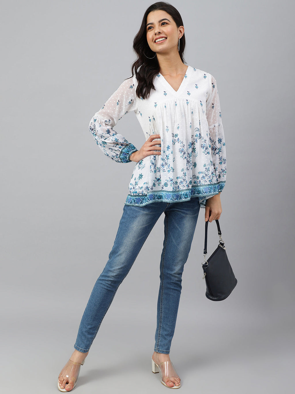 Janasya Women's White Georgette Digital Print Flared Top - Distacart