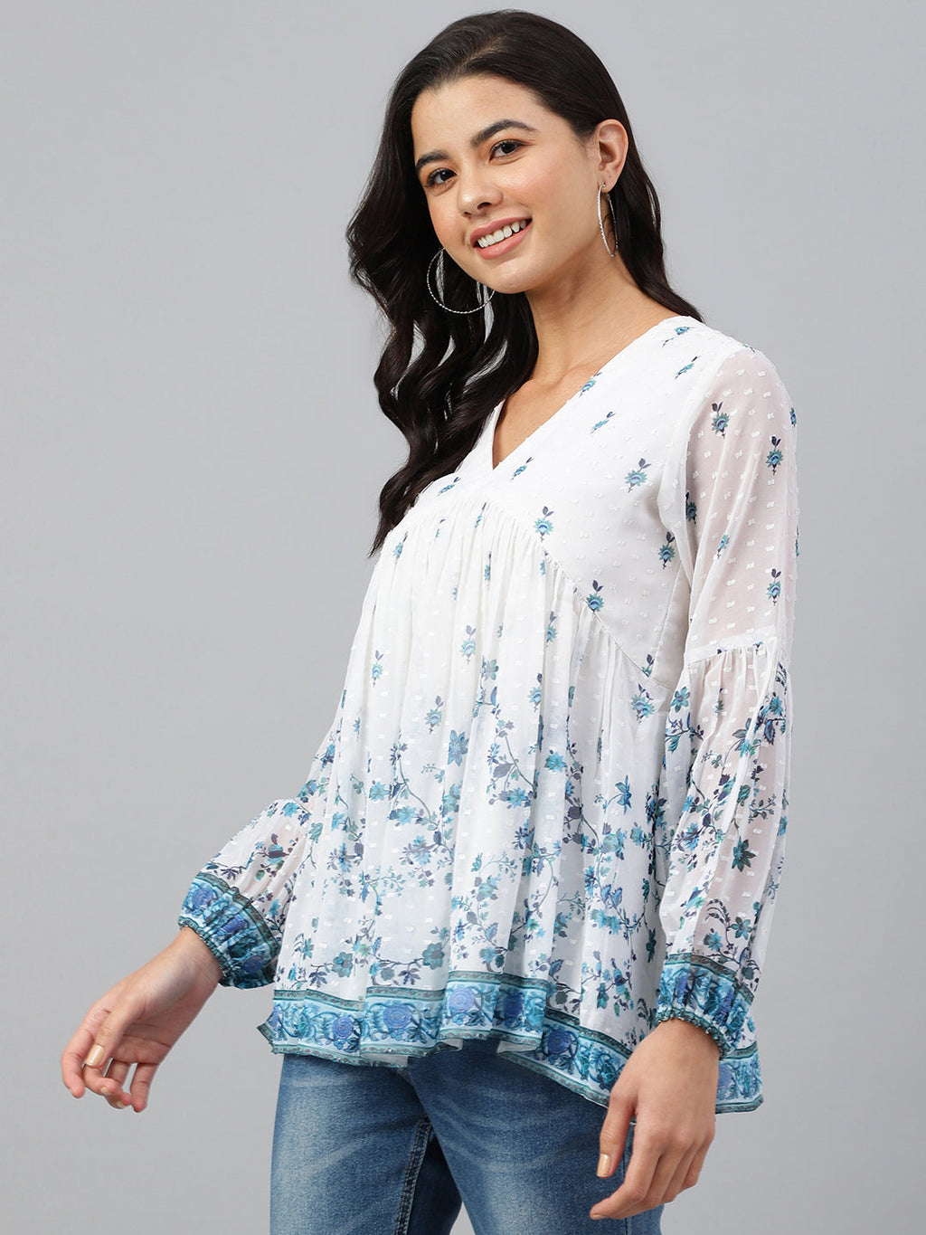 Janasya Women's White Georgette Digital Print Flared Top - Distacart
