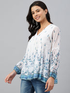 Janasya Women's White Georgette Digital Print Flared Top - Distacart