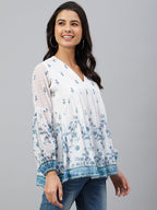 Janasya Women's White Georgette Digital Print Flared Top - Distacart