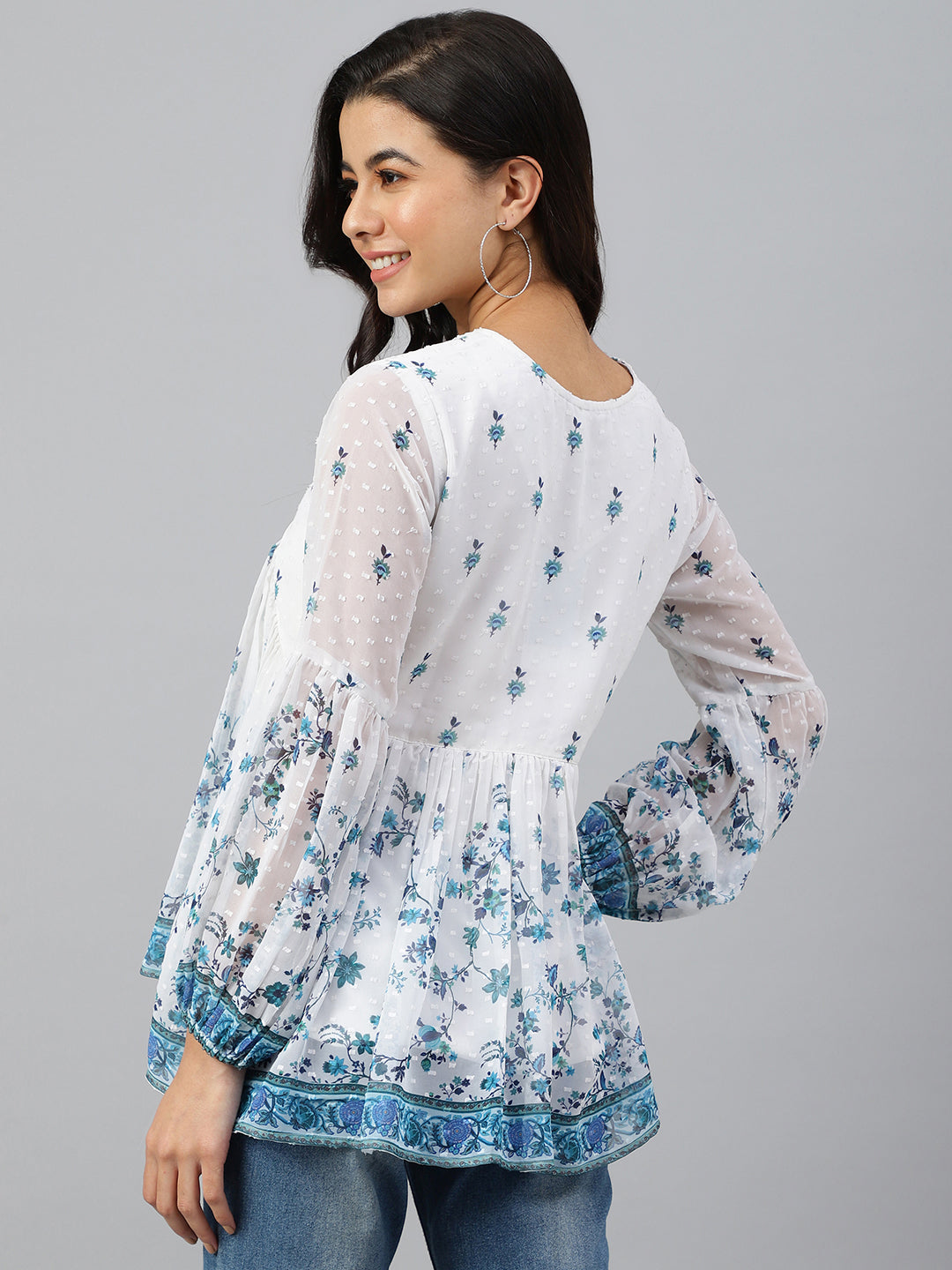 Janasya Women's White Georgette Digital Print Flared Top - Distacart