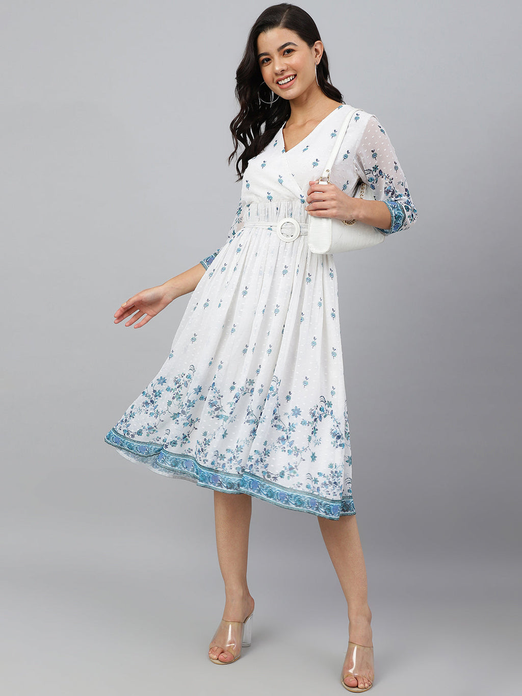 Janasya Women's White Georgette Digital Printed Flared Western Dress - Distacart