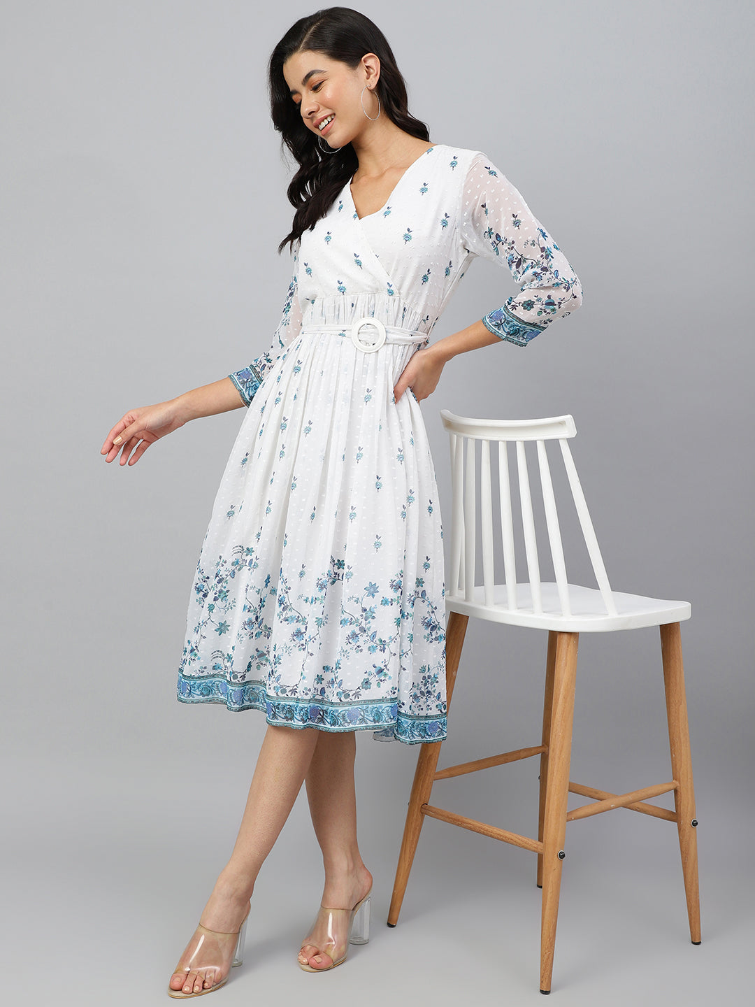 Janasya Women's White Georgette Digital Printed Flared Western Dress - Distacart