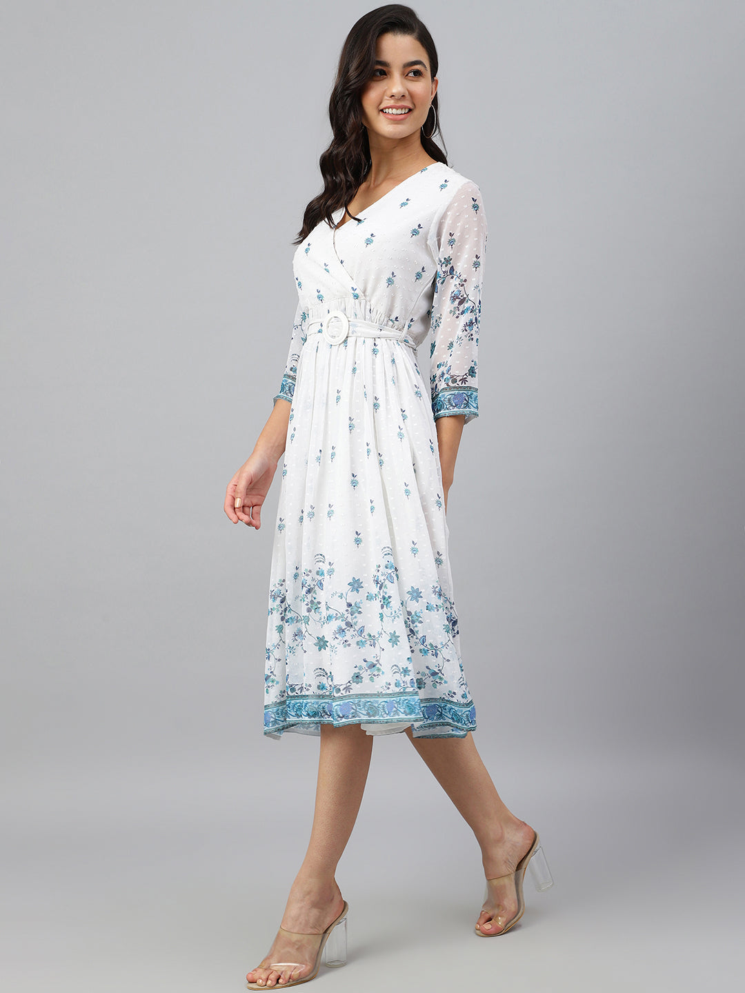 Janasya Women's White Georgette Digital Printed Flared Western Dress - Distacart
