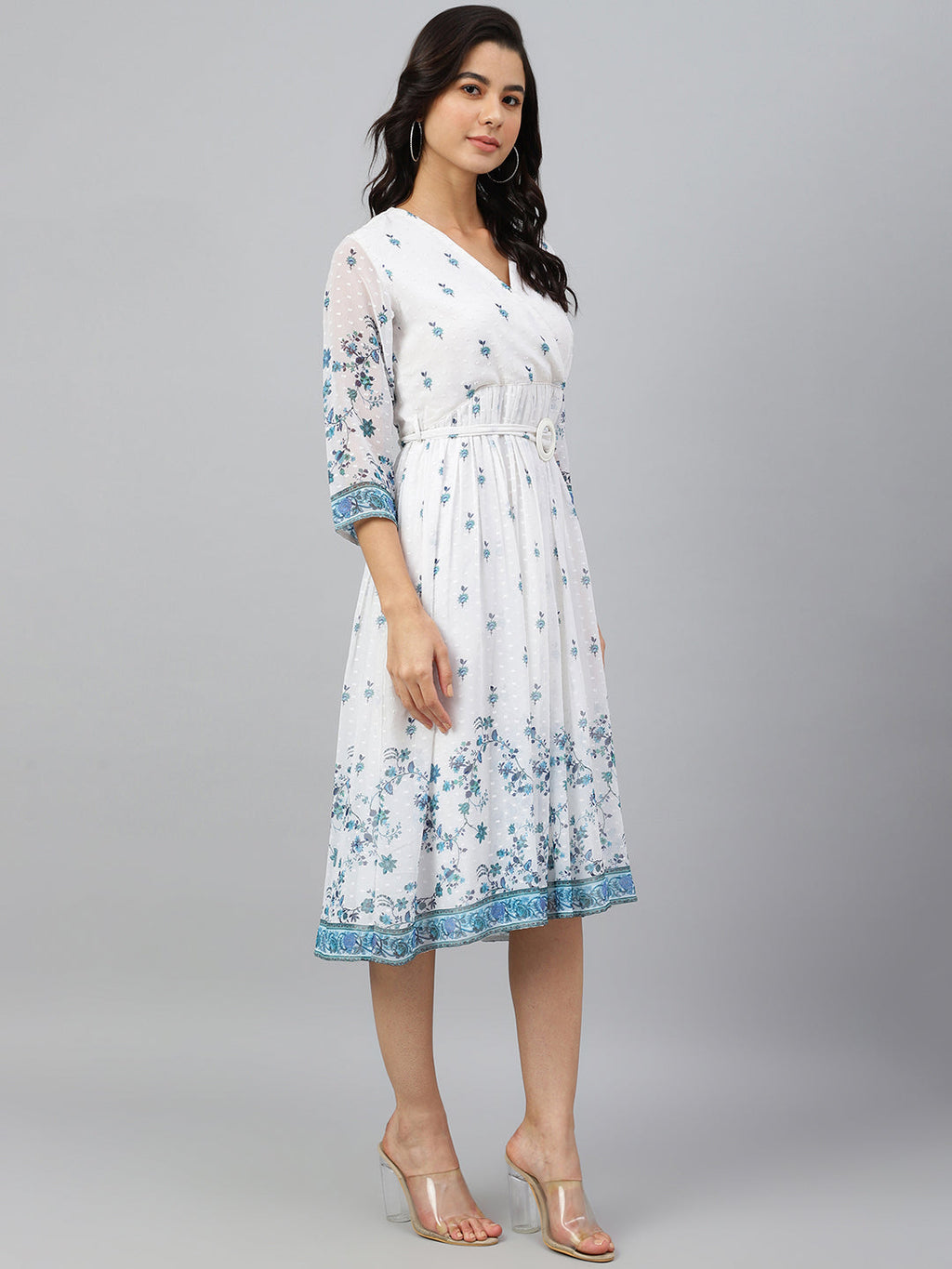 Janasya Women's White Georgette Digital Printed Flared Western Dress - Distacart