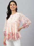 Janasya Women's Peach Georgette Floral Print Flared Top - Distacart