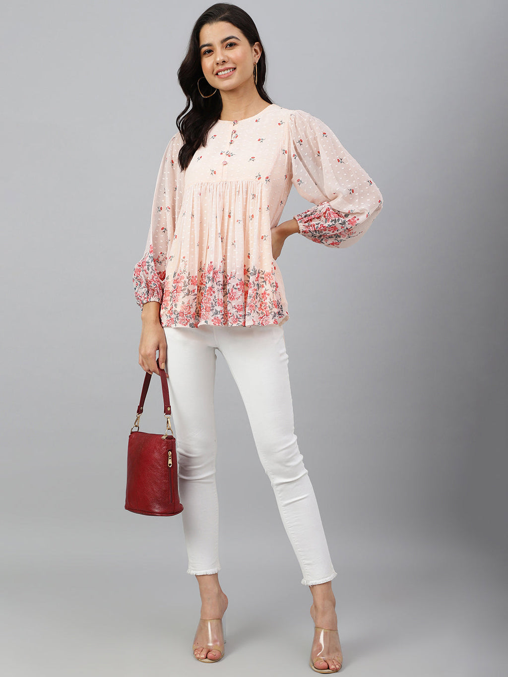 Janasya Women's Peach Georgette Floral Print Flared Top - Distacart
