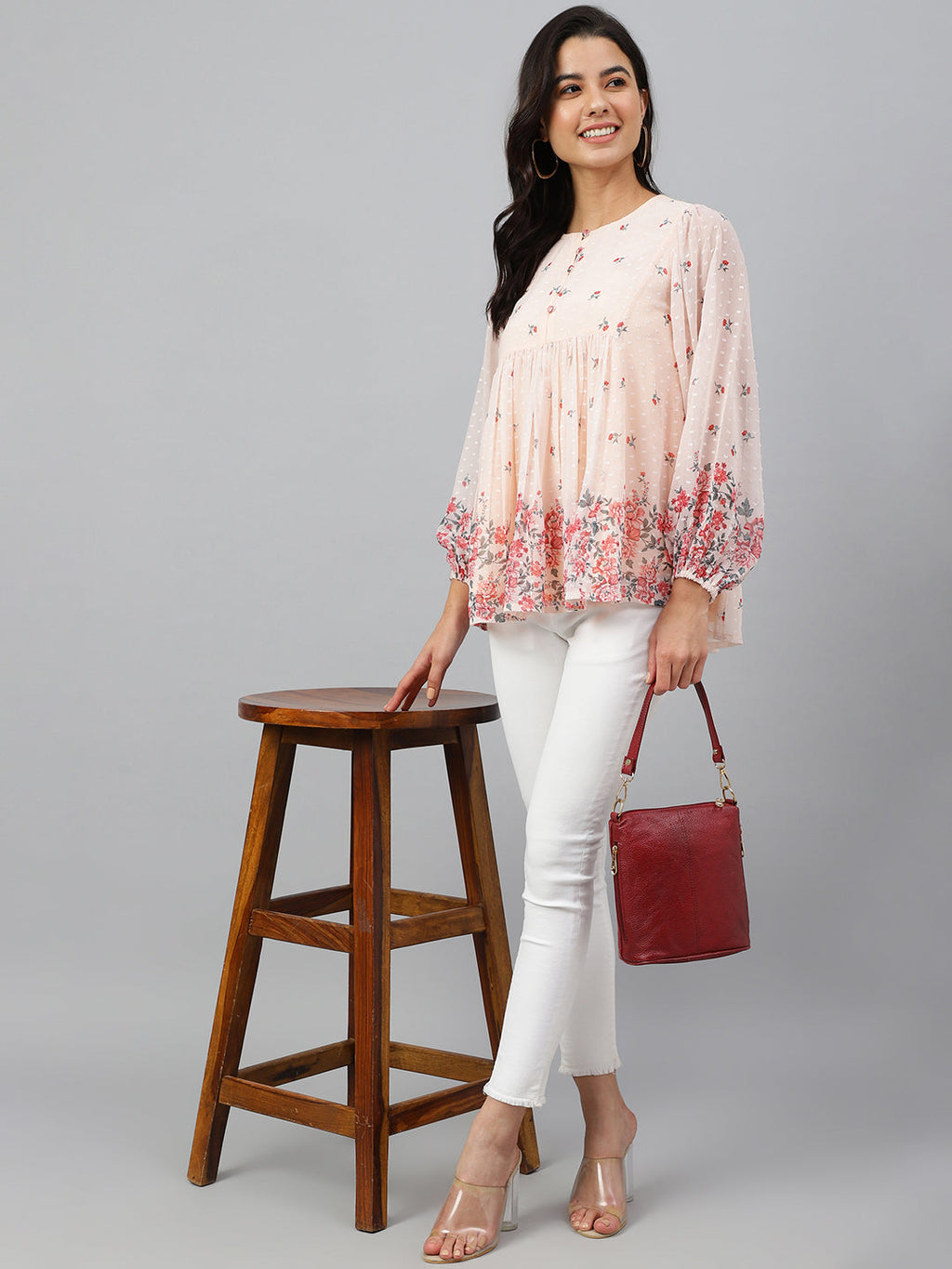 Janasya Women's Peach Georgette Floral Print Flared Top - Distacart