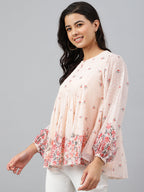 Janasya Women's Peach Georgette Floral Print Flared Top - Distacart