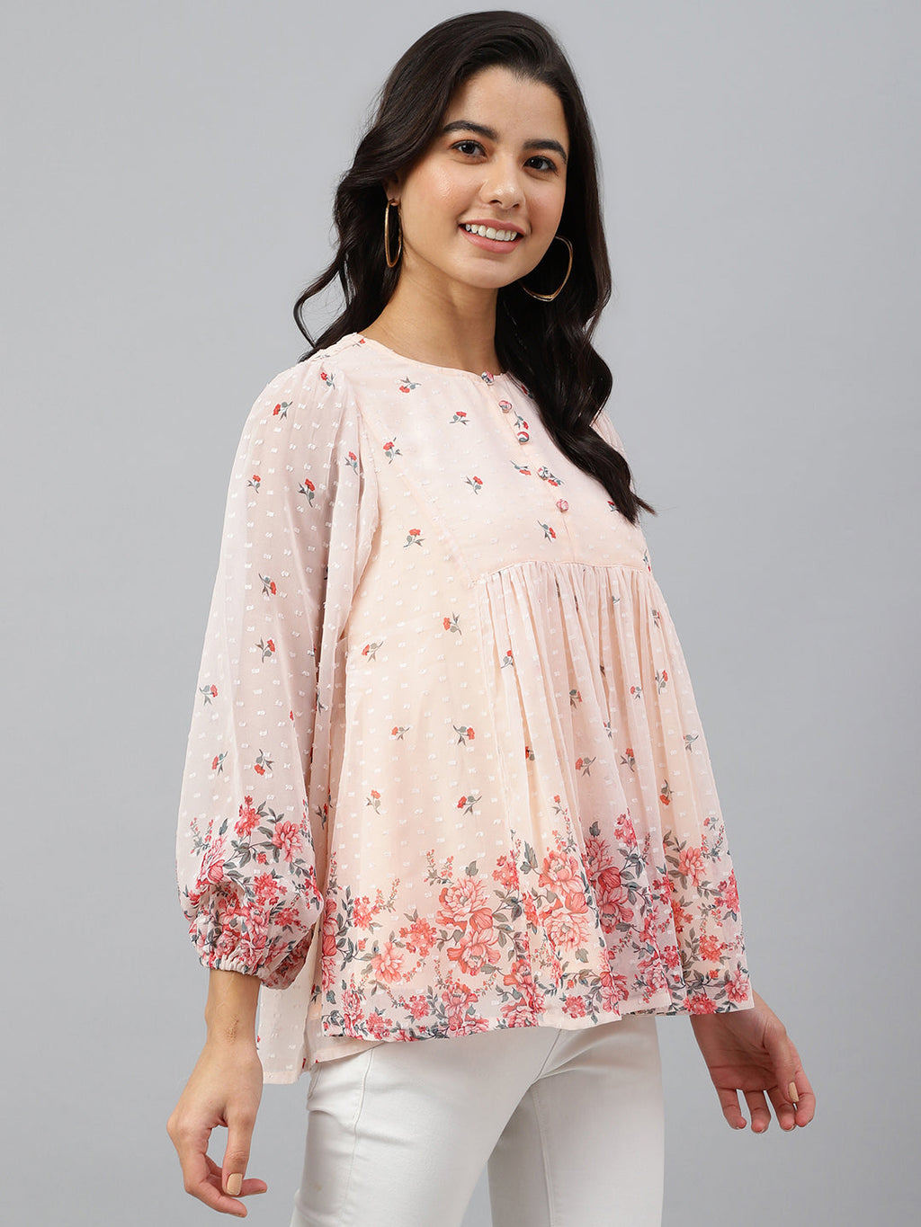 Janasya Women's Peach Georgette Floral Print Flared Top - Distacart