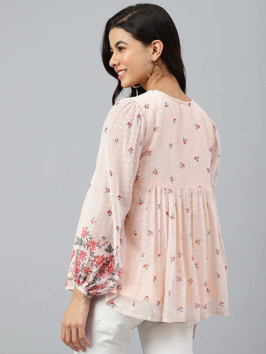 Janasya Women's Peach Georgette Floral Print Flared Top - Distacart