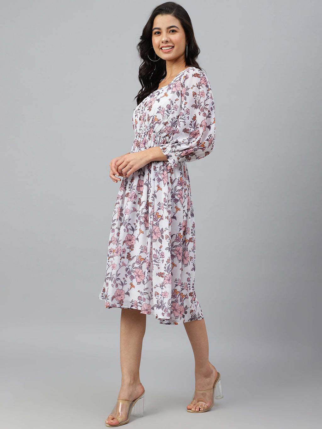 Janasya Women's White Georgette Floral Printed Flared Western Dress - Distacart