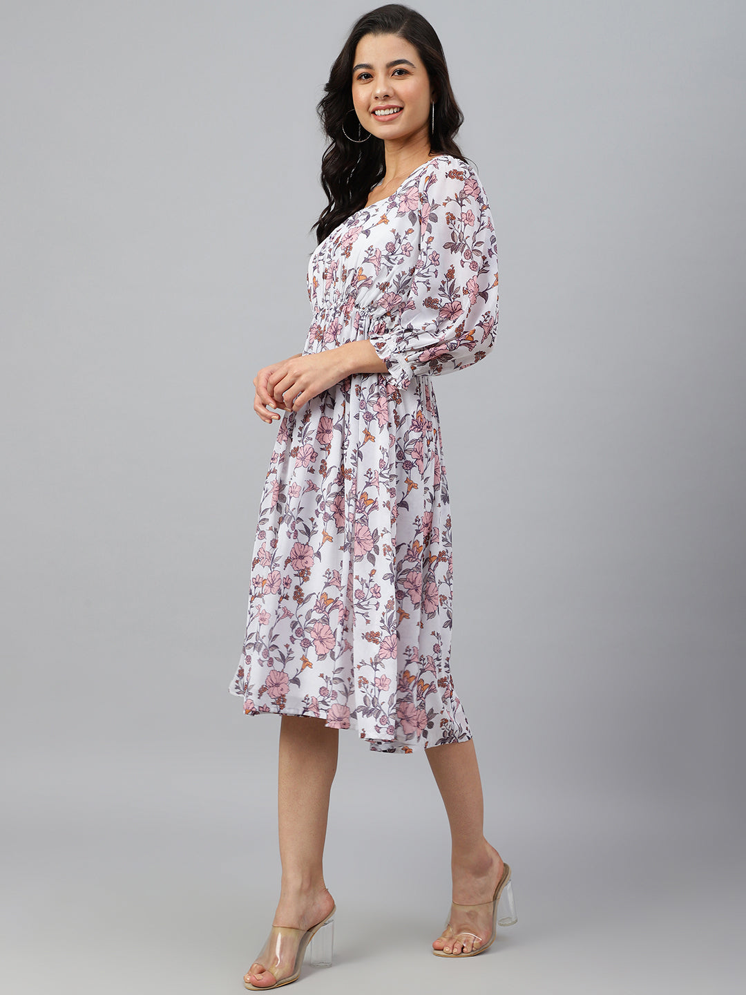 Janasya Women's White Georgette Floral Printed Flared Western Dress - Distacart