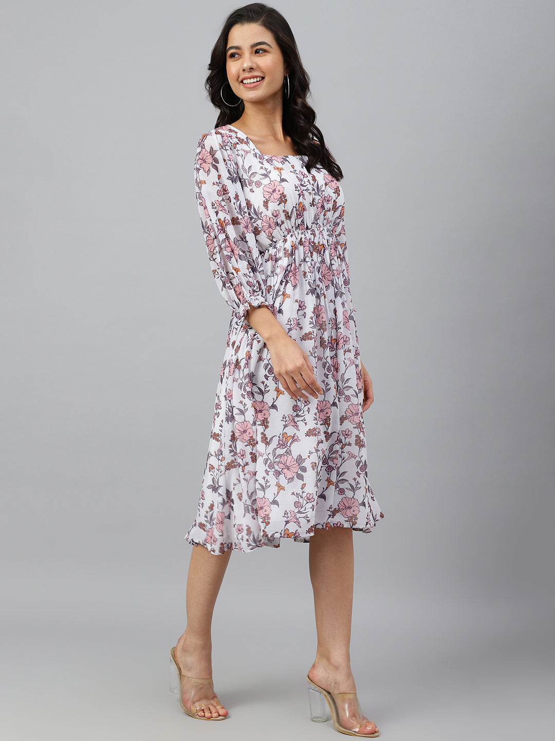 Janasya Women's White Georgette Floral Printed Flared Western Dress - Distacart