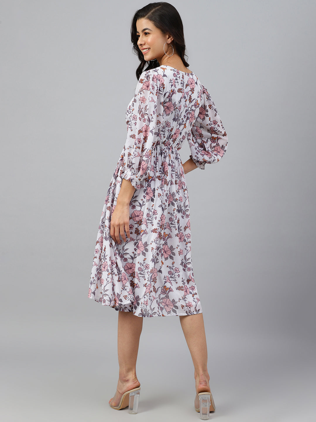 Janasya Women's White Georgette Floral Printed Flared Western Dress - Distacart