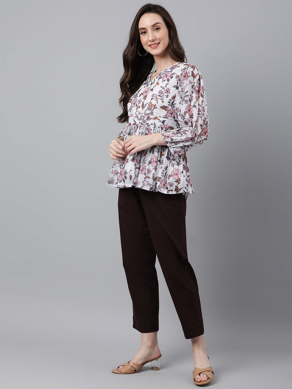 Janasya Women's White Georgette Floral Print Peplum Top - Distacart