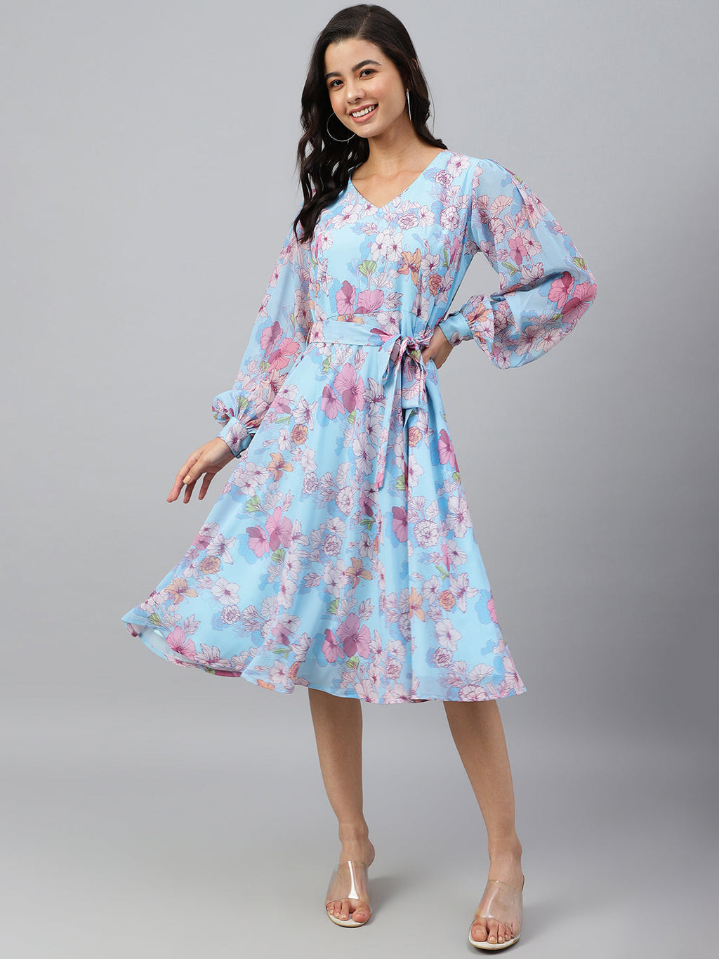 Janasya Women's Sky Blue Georgette Floral Printed Flared Western Dress - Distacart