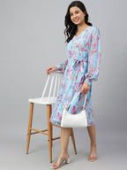 Janasya Women's Sky Blue Georgette Floral Printed Flared Western Dress - Distacart