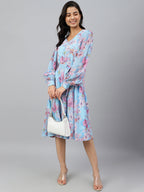 Janasya Women's Sky Blue Georgette Floral Printed Flared Western Dress - Distacart