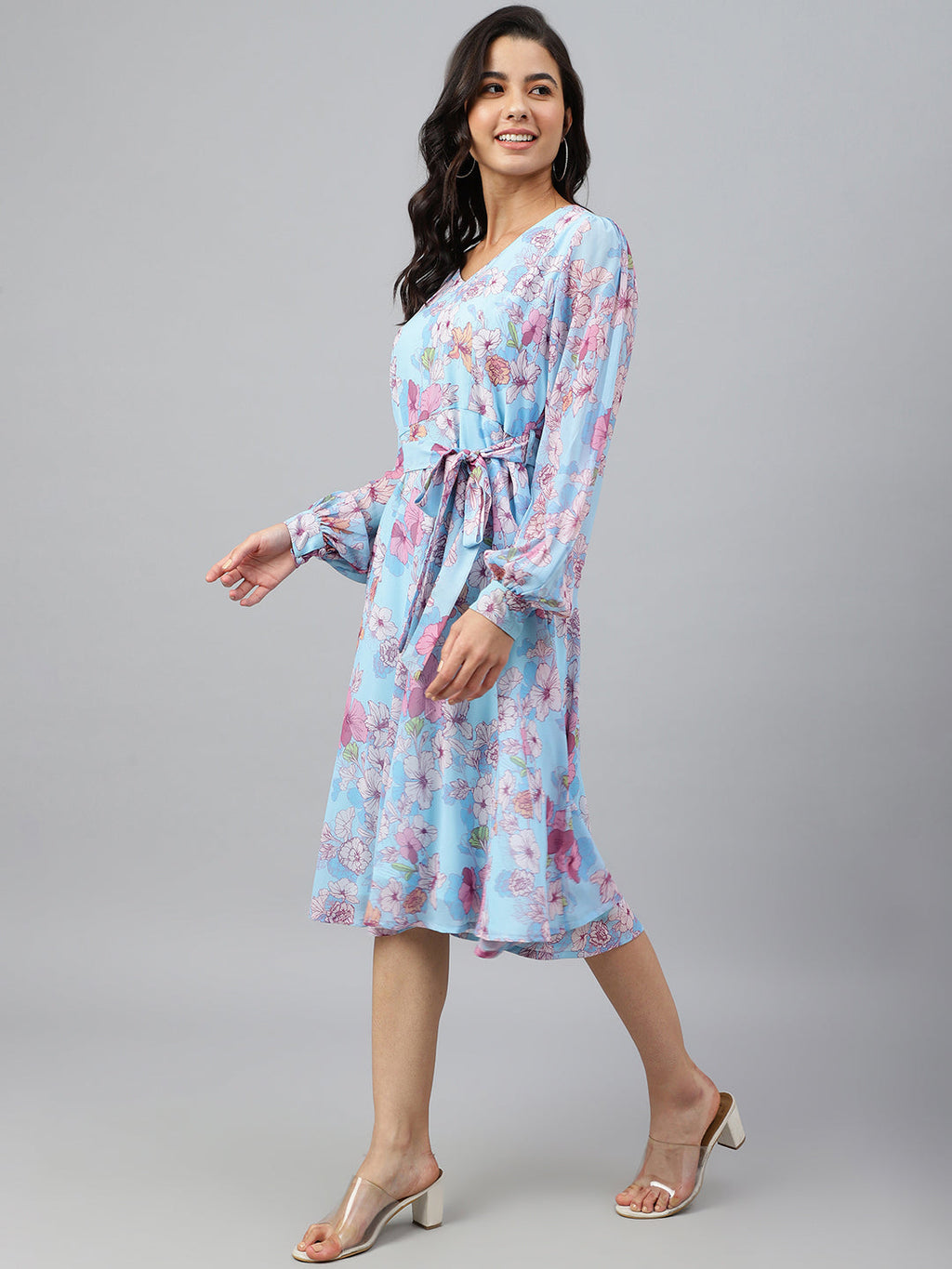 Janasya Women's Sky Blue Georgette Floral Printed Flared Western Dress - Distacart