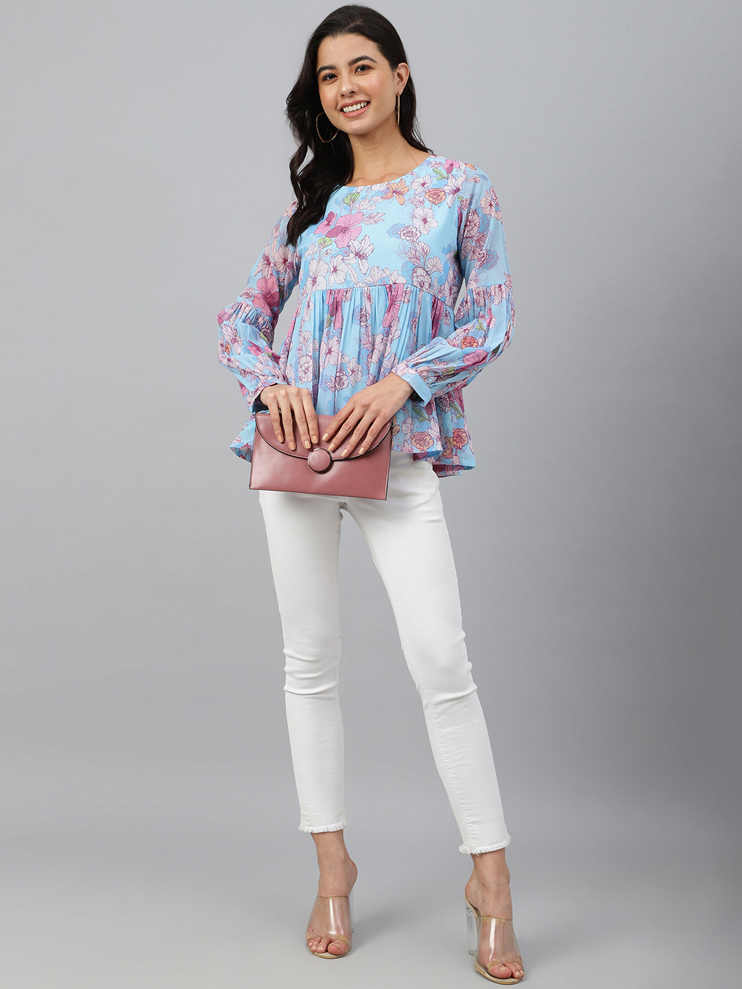 Janasya Women's Sky Blue Georgette Floral Print Flared Top - Distacart