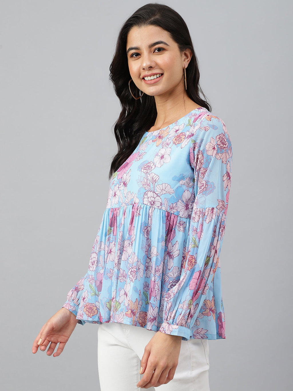 Janasya Women's Sky Blue Georgette Floral Print Flared Top - Distacart