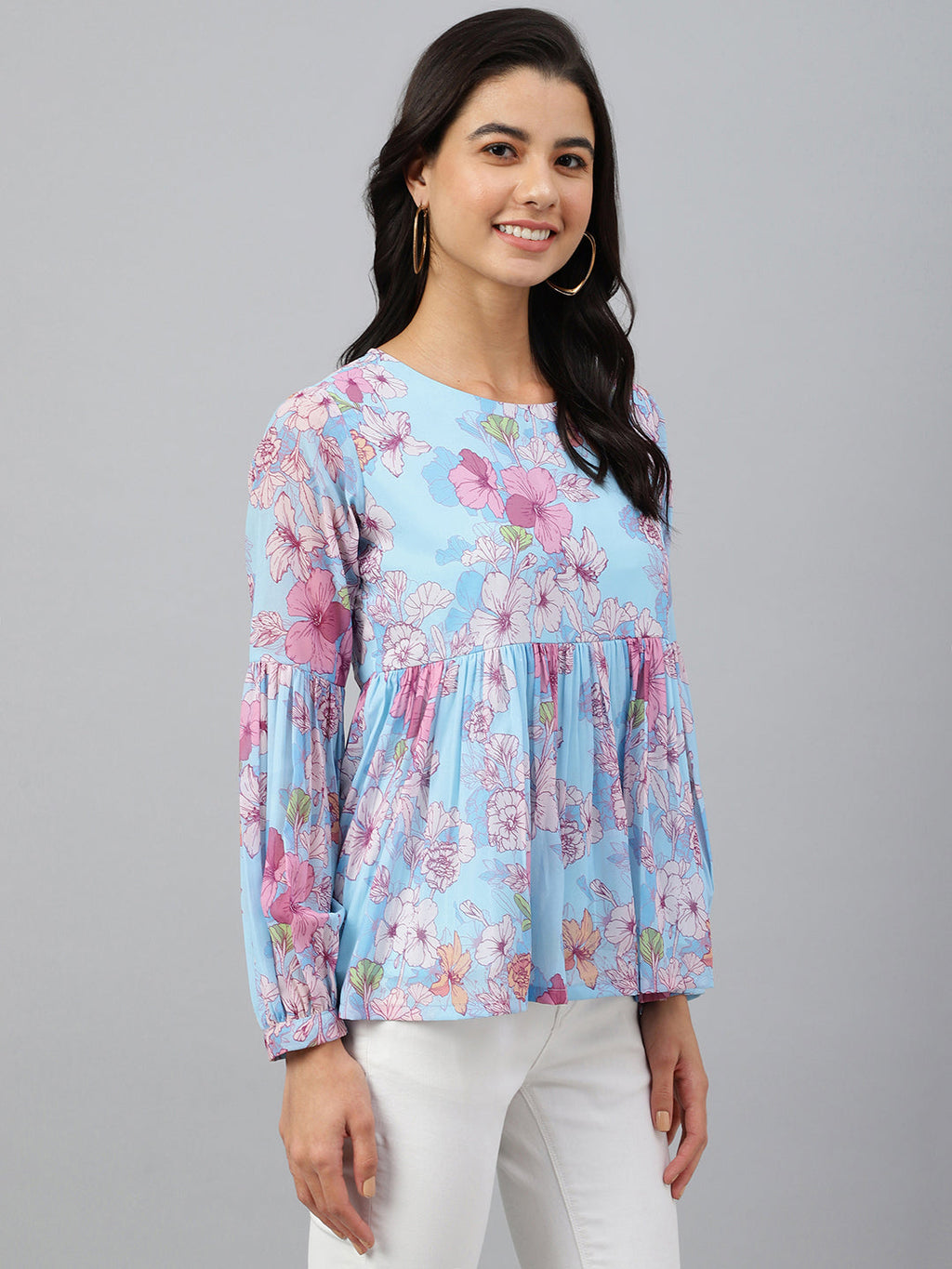 Janasya Women's Sky Blue Georgette Floral Print Flared Top - Distacart