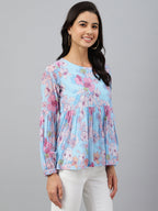 Janasya Women's Sky Blue Georgette Floral Print Flared Top - Distacart