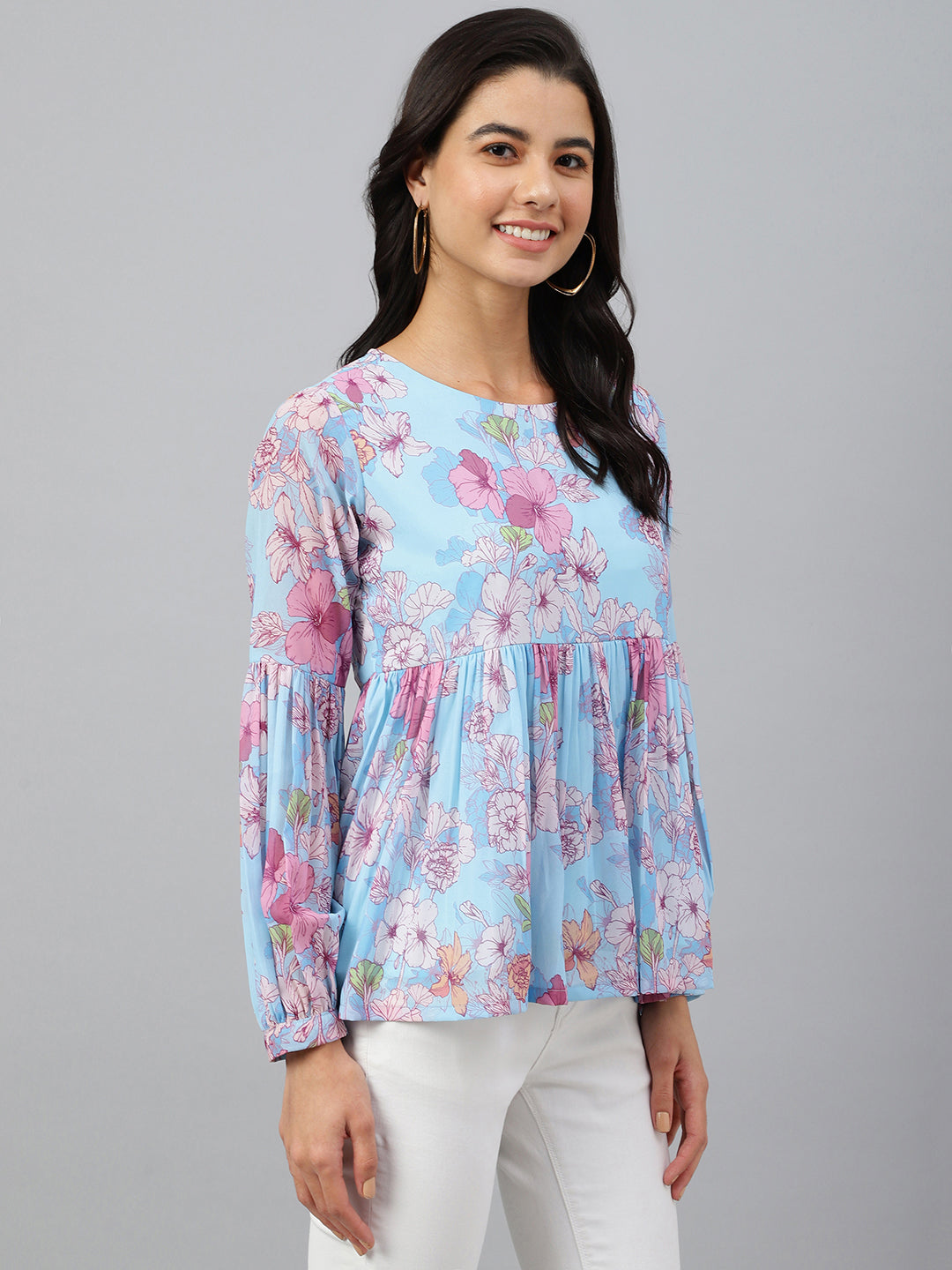 Janasya Women's Sky Blue Georgette Floral Print Flared Top - Distacart