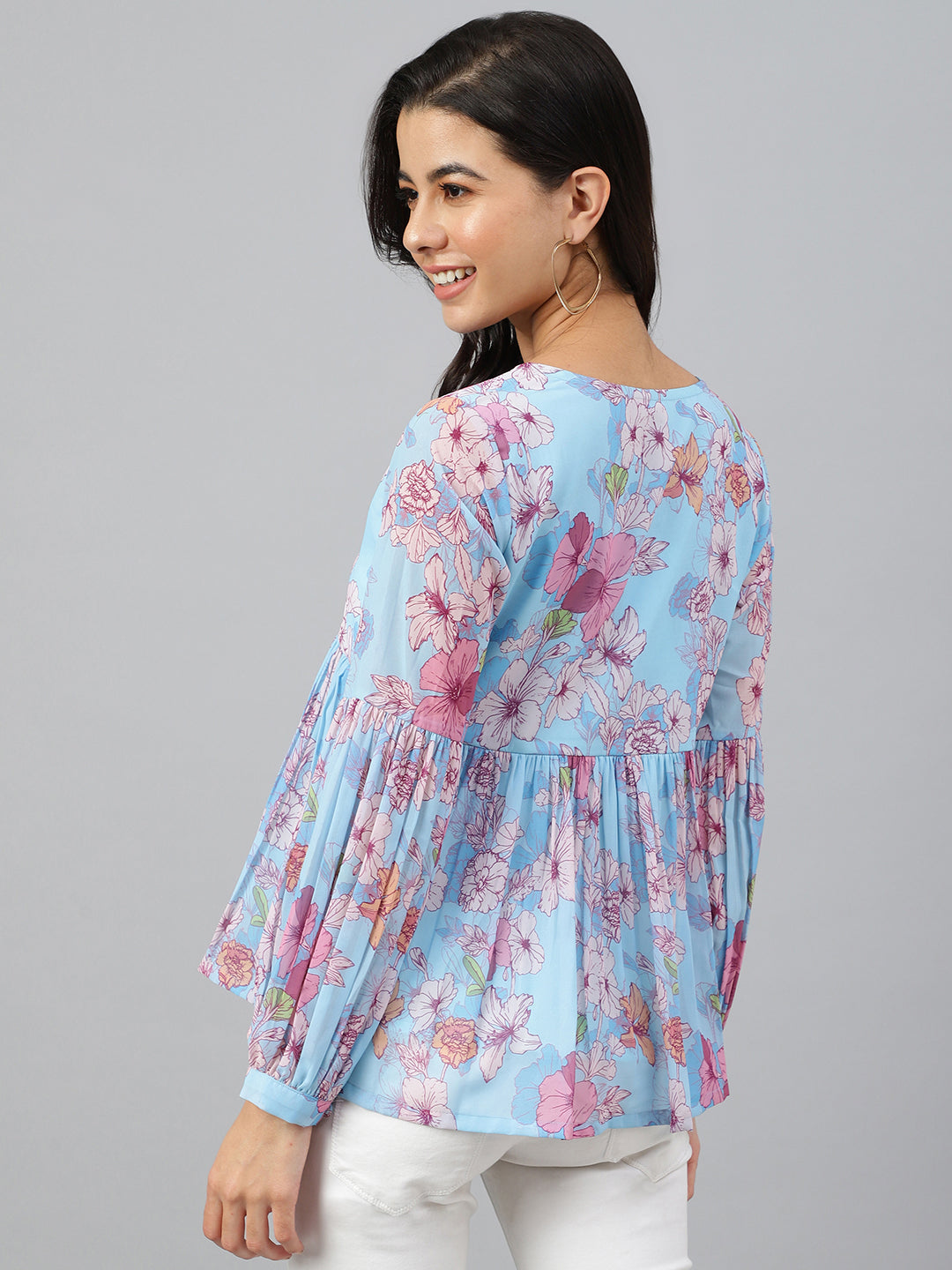 Janasya Women's Sky Blue Georgette Floral Print Flared Top - Distacart