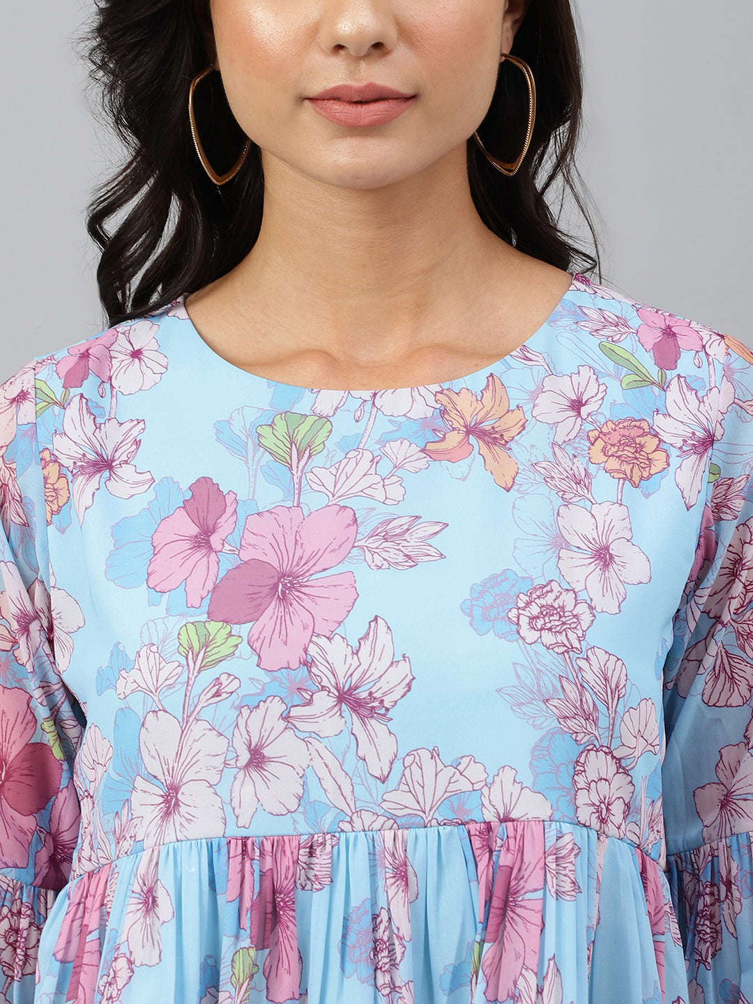 Janasya Women's Sky Blue Georgette Floral Print Flared Top - Distacart