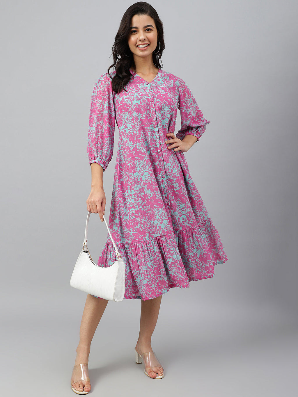 Janasya Women's Pink Georgette Floral Printed A-line Western Dress - Distacart