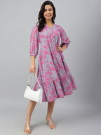 Janasya Women's Pink Georgette Floral Printed A-line Western Dress - Distacart