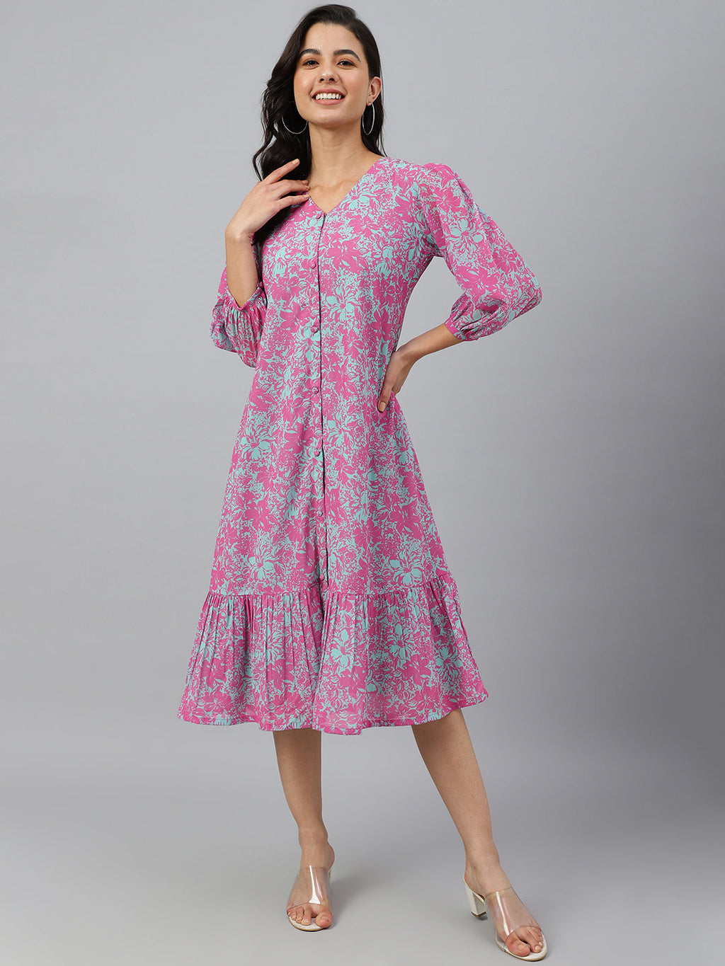 Janasya Women's Pink Georgette Floral Printed A-line Western Dress - Distacart