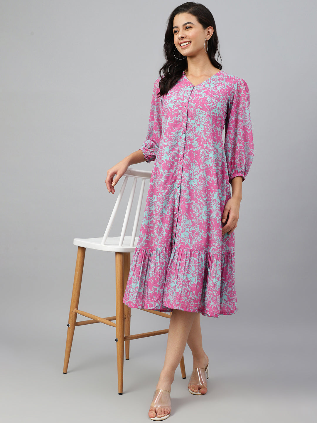 Janasya Women's Pink Georgette Floral Printed A-line Western Dress - Distacart