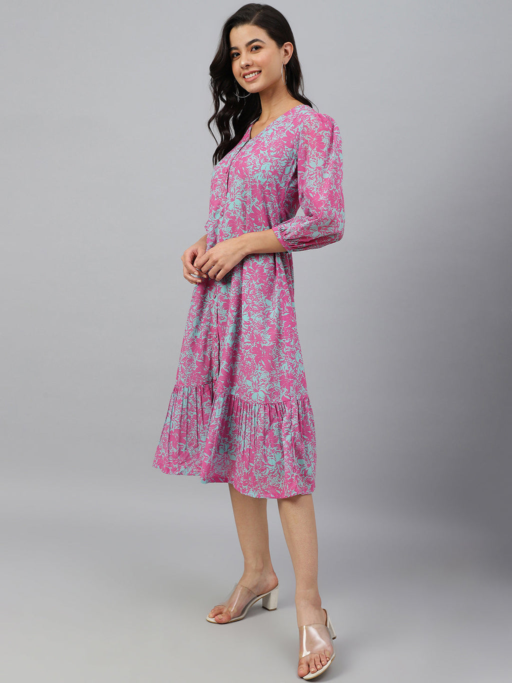 Janasya Women's Pink Georgette Floral Printed A-line Western Dress - Distacart