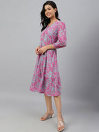 Janasya Women's Pink Georgette Floral Printed A-line Western Dress - Distacart