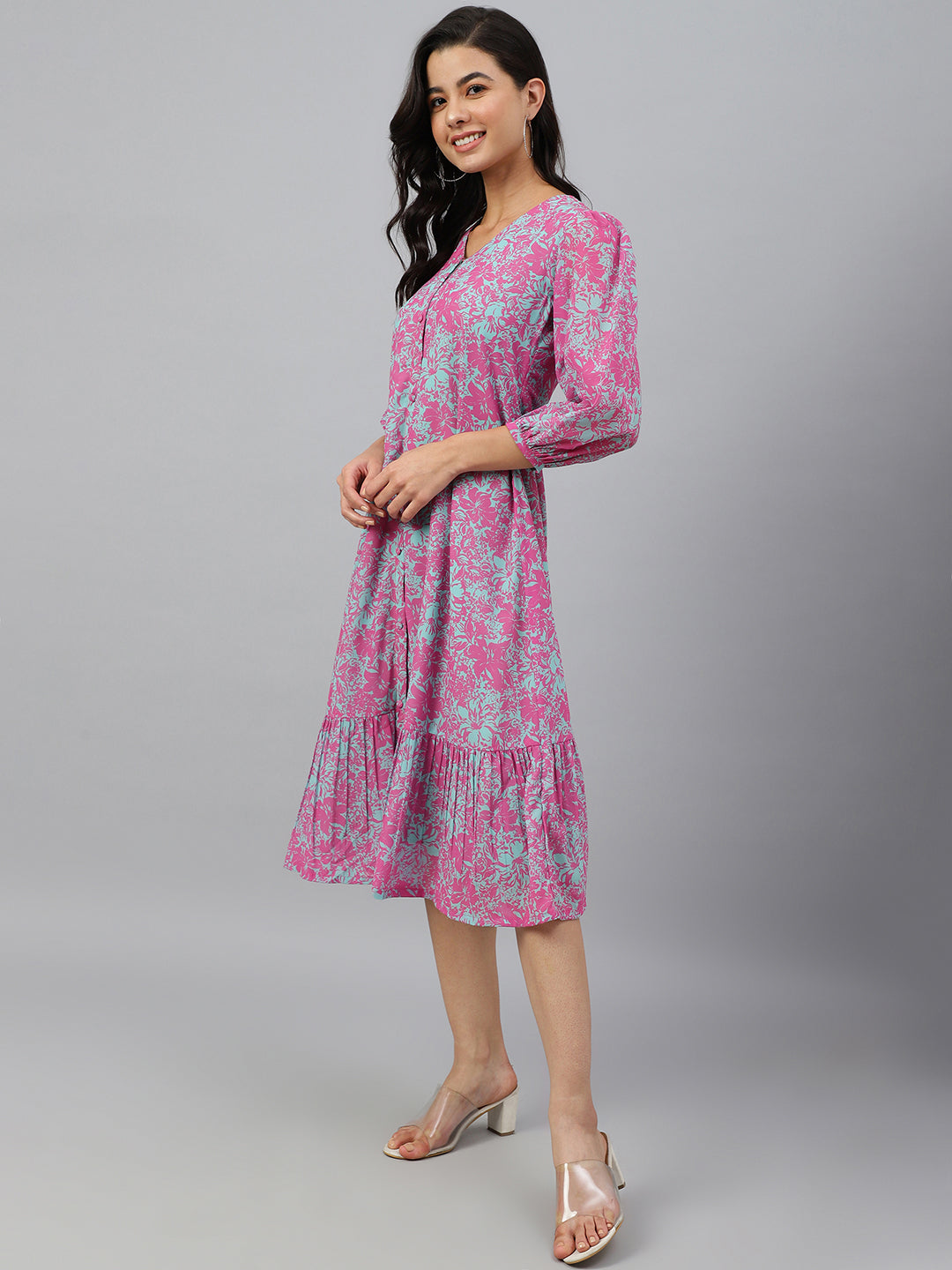 Janasya Women's Pink Georgette Floral Printed A-line Western Dress - Distacart