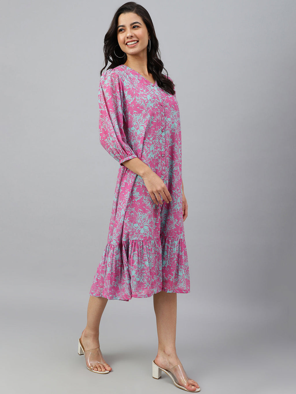 Janasya Women's Pink Georgette Floral Printed A-line Western Dress - Distacart