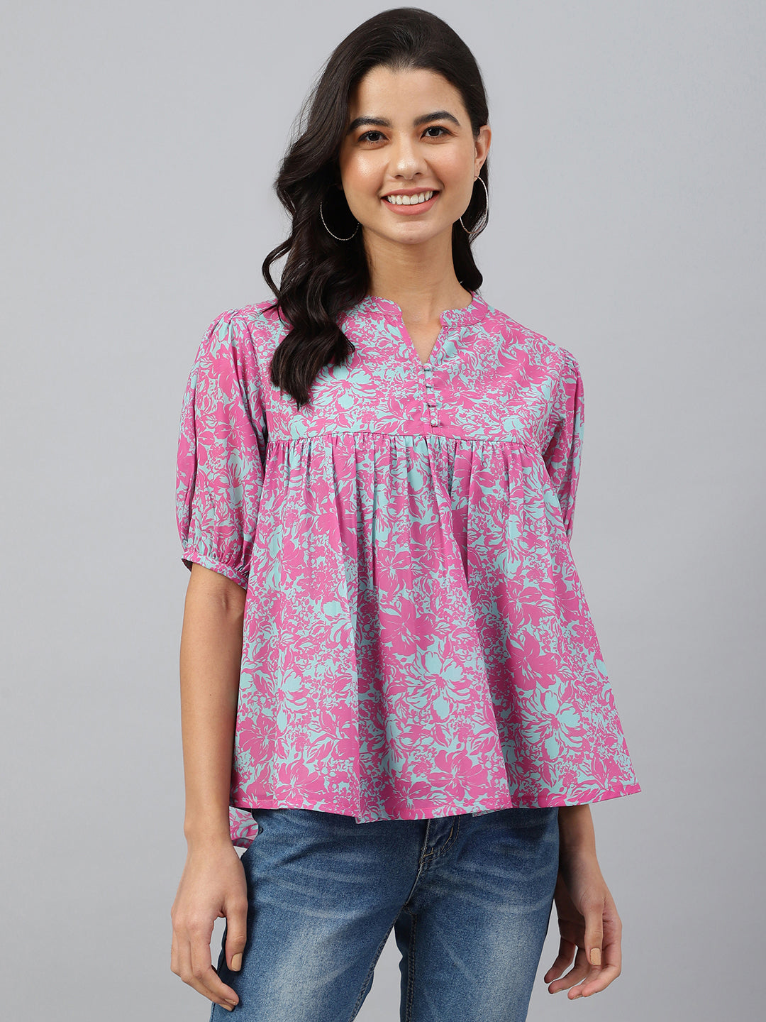 Janasya Women's Pink Georgette Digital Print Flared Top - Distacart