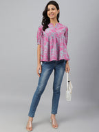 Janasya Women's Pink Georgette Digital Print Flared Top - Distacart