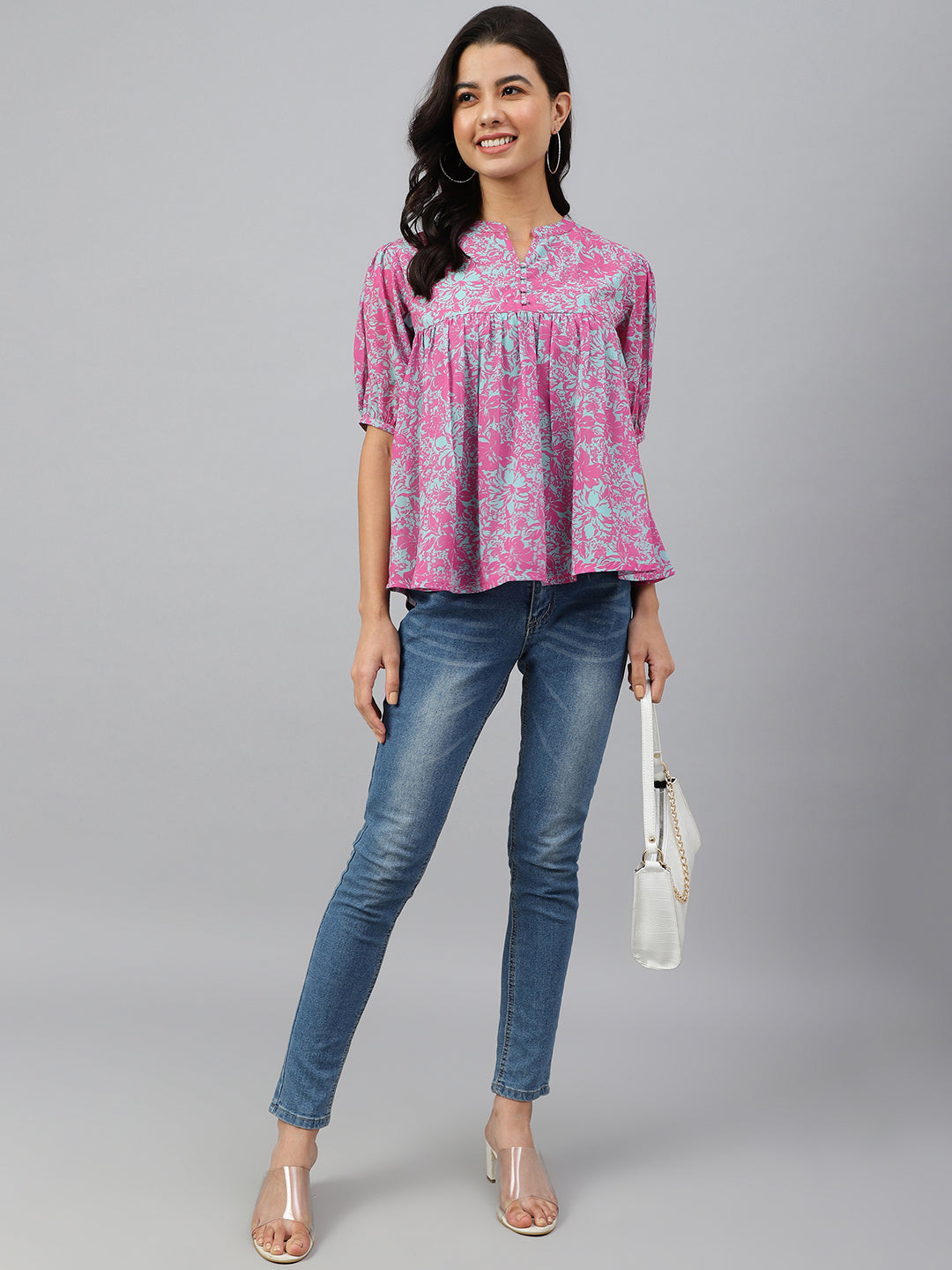 Janasya Women's Pink Georgette Digital Print Flared Top - Distacart