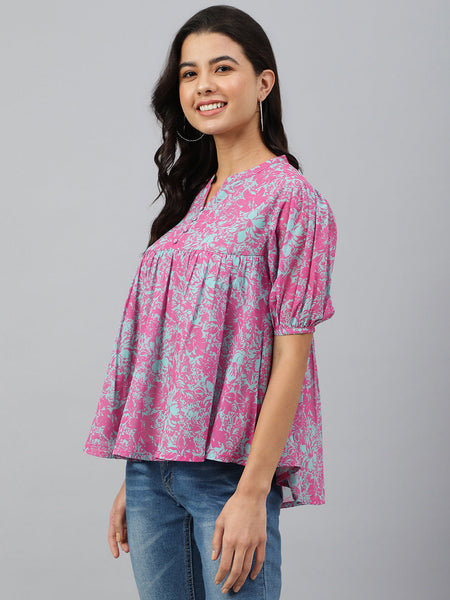 Janasya Women's Pink Georgette Digital Print Flared Top