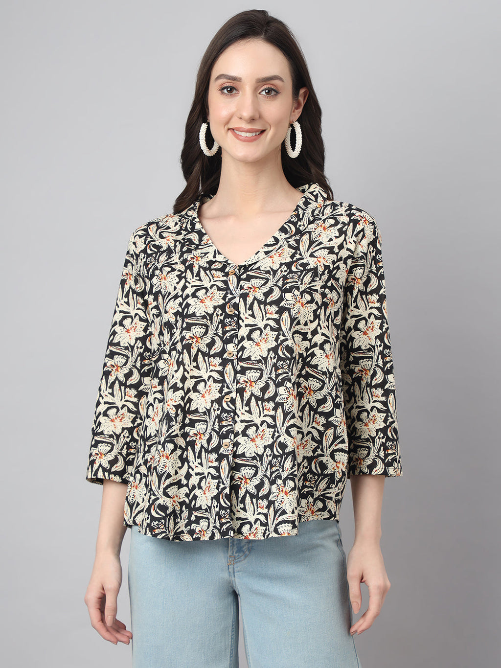 Janasya Women's Black Cotton Floral Print Casual Regular Top