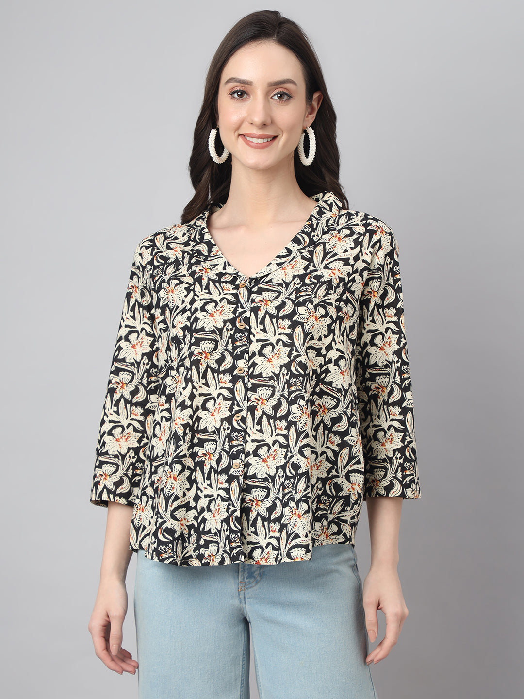 Janasya Women's Black Cotton Floral Print Casual Regular Top