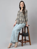Janasya Women's Black Cotton Floral Print Casual Regular Top