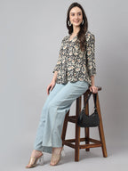 Janasya Women's Black Cotton Floral Print Casual Regular Top