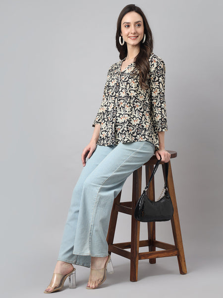 Janasya Women's Black Cotton Floral Print Casual Regular Top