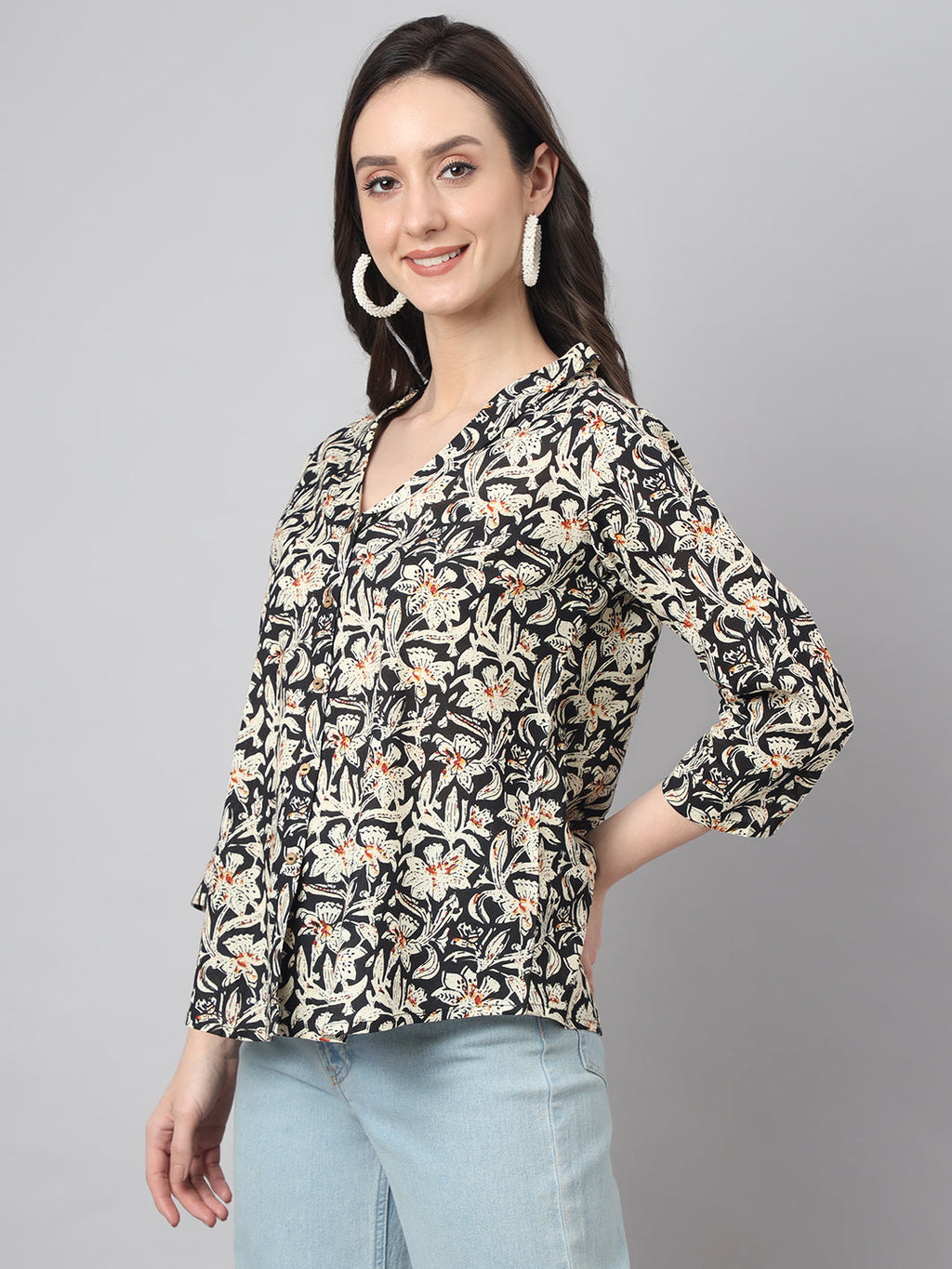 Janasya Women's Black Cotton Floral Print Casual Regular Top